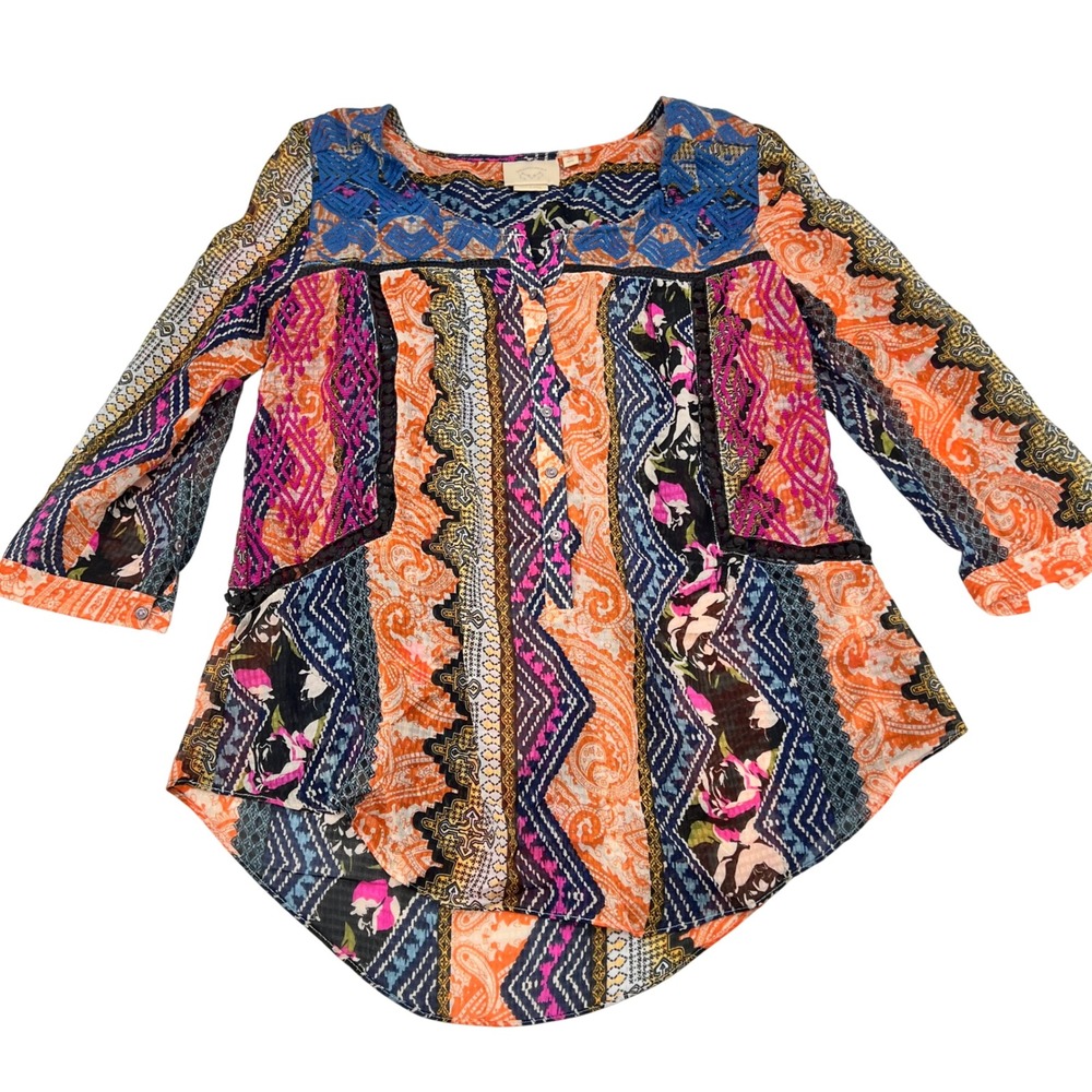 Vanessa Virginia Anthropologie Mixed Print Boho Blouse Lace Pom Pom Trim Size 4